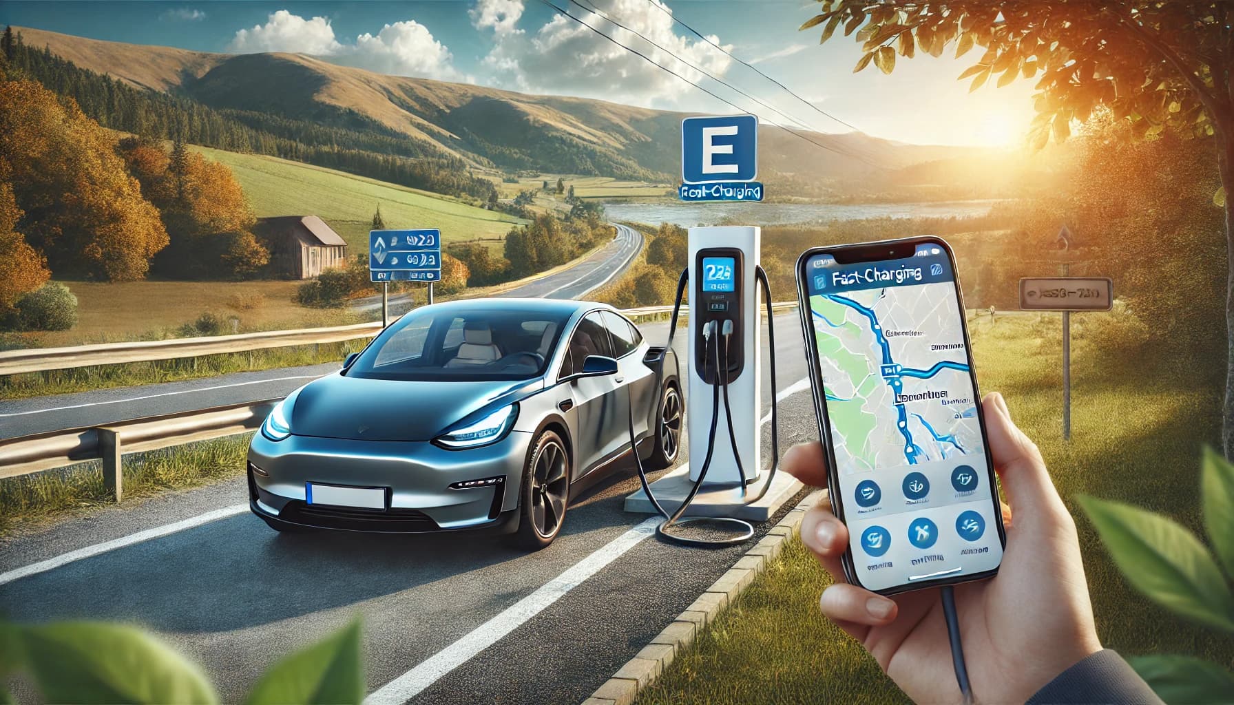 Dall·e 2025 03 20 14.42.45 Realistic Photo Style Image Showing an Electric Vehicle on a Highway Rest Stop, Charging at a Fast Charging Station. the Background Includes a Scenic