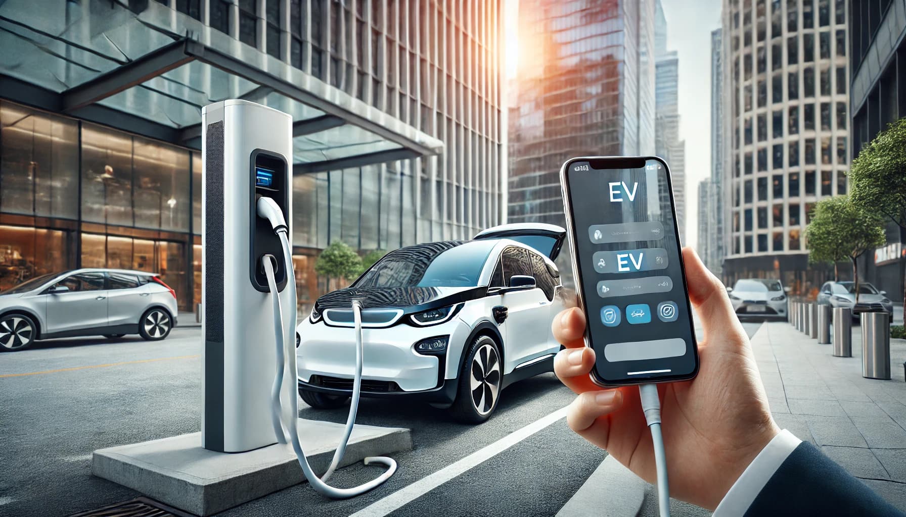 Dall·e 2025 03 20 14.42.29 Realistic Photo Style Image Showing an Electric Vehicle Charging at a City Charging Station During Daytime. the Focus Is on the Ev and Charging Cable,
