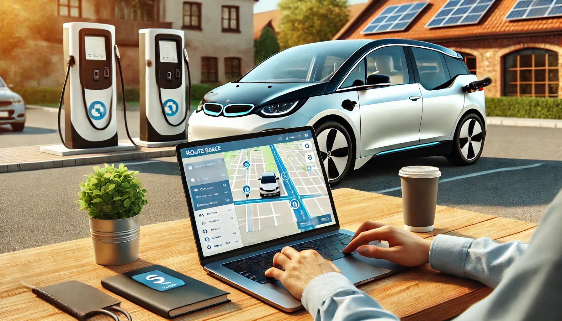 Dall·e 2025 03 20 14.42.50 Realistic Photo Style Image Showing a Person Planning a Long Distance Trip for Their Electric Vehicle on a Laptop, With a Route Planning Application O