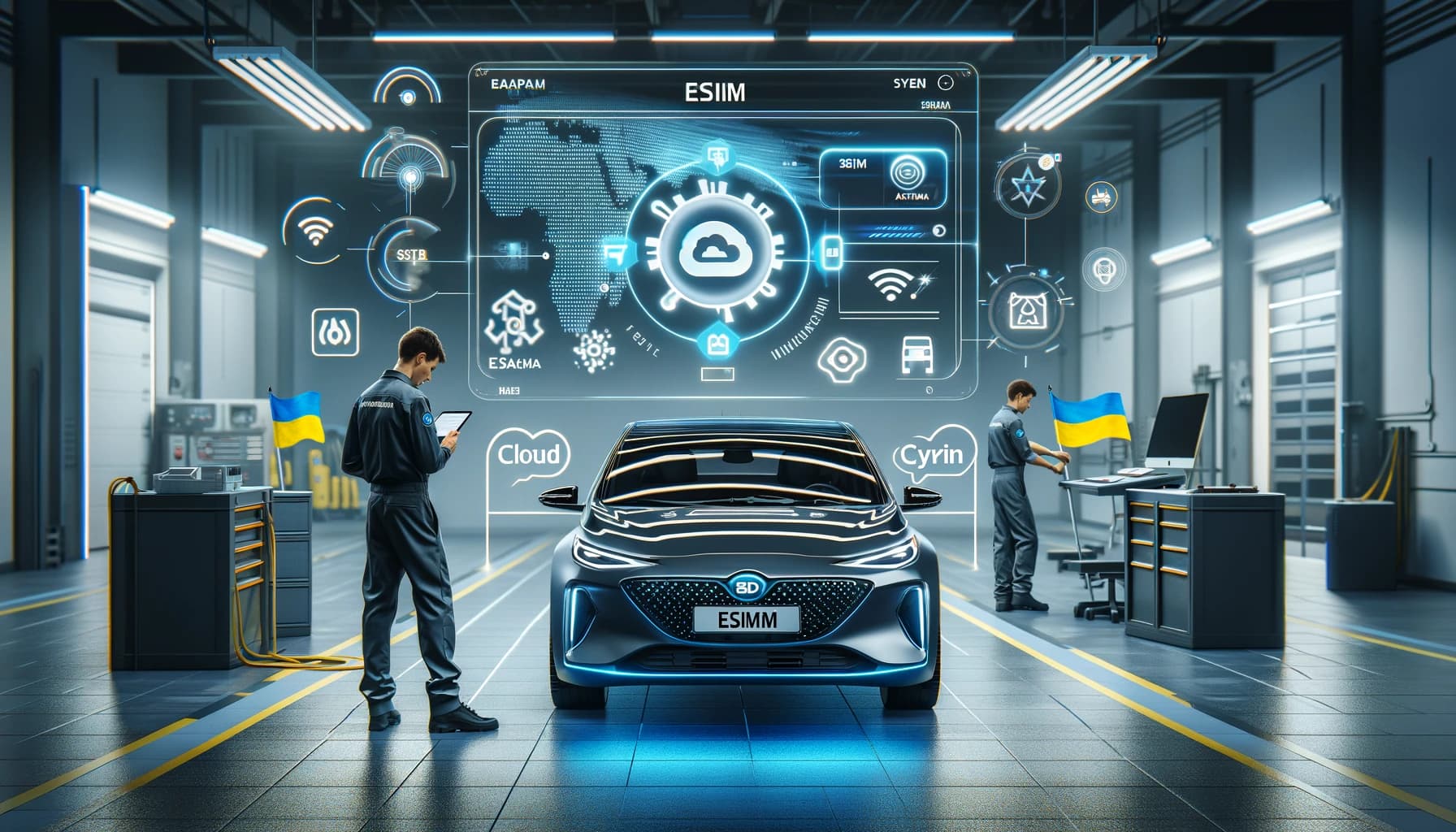 Dall·e 2025 03 14 20.30.37 a Modern Byd Electric Car in a High Tech Garage or Digital Studio. the Central Screen Displays an E Sim Activation Interface With Digital Connectivity