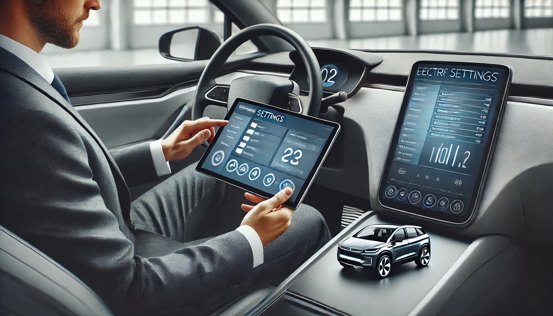 Dall·e 2025 03 20 15.18.09 Realistic Photo Style Image Showing an Electric Vehicle Parked Indoors While a Professional Technician Customizes Car Settings Using a Tablet Connecte