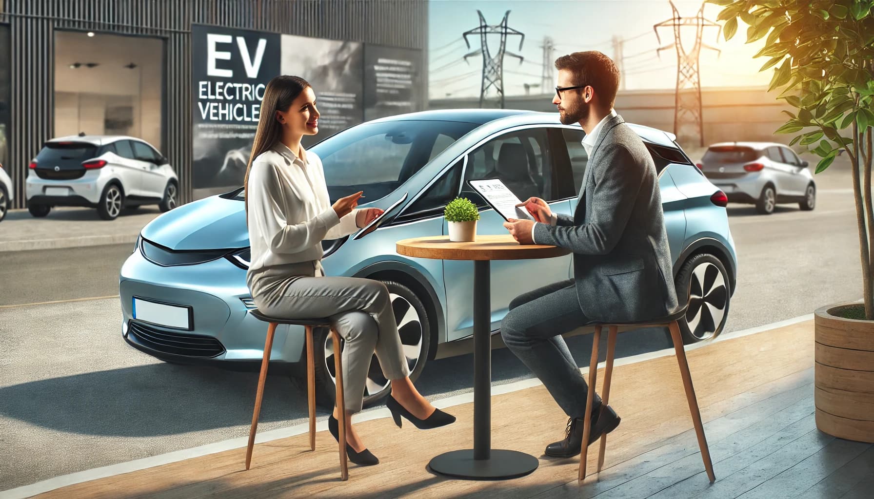 Dall·e 2025 03 20 15.24.59 Realistic Photo Style Image Showing an Electric Vehicle Parked Nearby While a Customer Is Having a One on One Consultation With an Expert, Sitting at