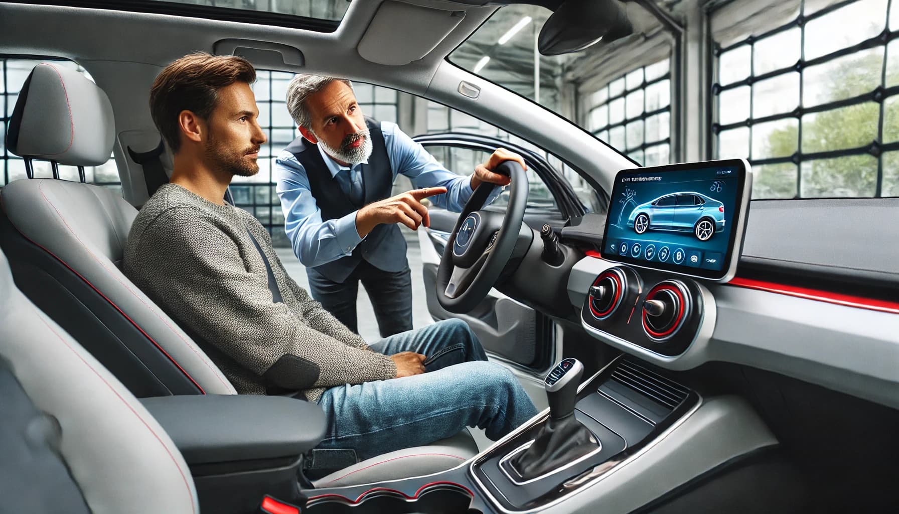 Dall·e 2025 03 20 15.10.09 Realistic Photo Style Image Showing an Electric Vehicle Owner Sitting in the Driver's Seat While a Professional Expert Explains the Car's Features And