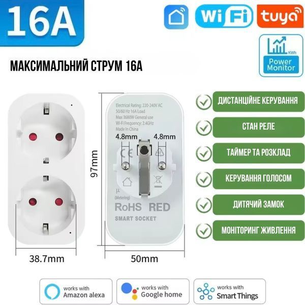 Смарт розетка Wi-Fi TUYA 16A (2 розетки) з моніторингом електроенергії та керуванням зі смартфона RD1001S2W16 фото